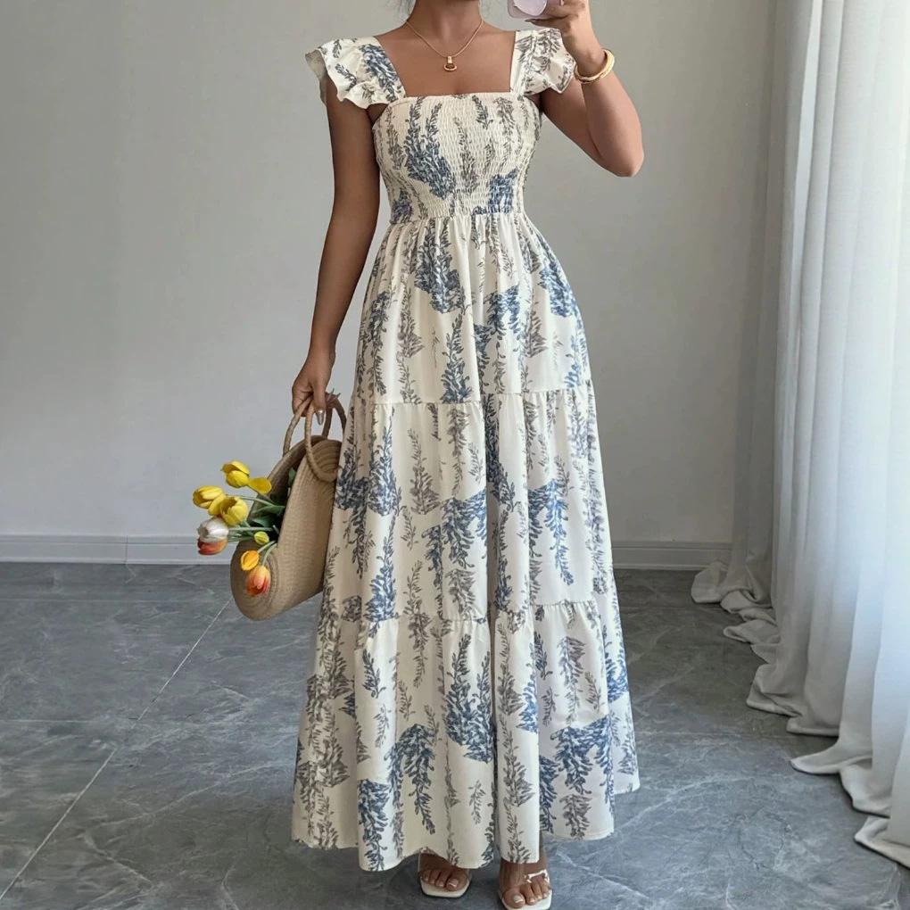 New fresh retro style cake long dress plant print flying sleeves square neck waist dress