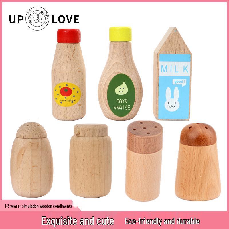 Toddler Pretend Play Kitchen Set: Wooden Pepper, Seasoning, & Soy Sauce Bottles