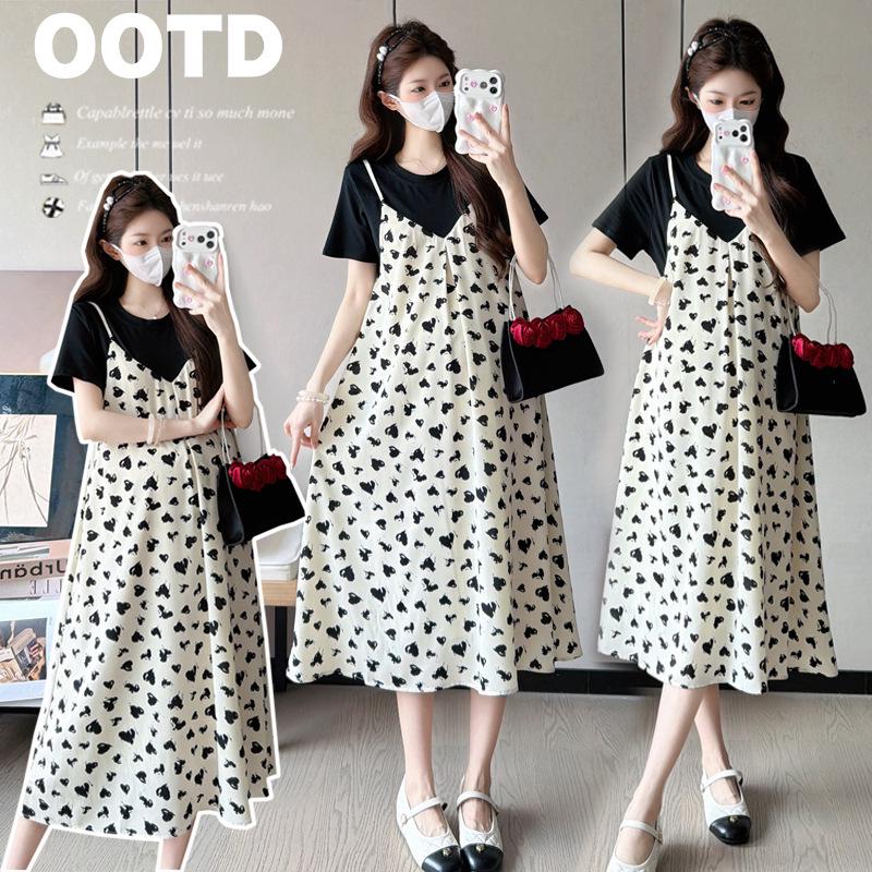 2026 Summer Heart Print Maternity Dress - Mid-Length Two-Piece Style