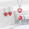 Heart Three-piece Set: Red Gemstones Lavish Diamond-studded Necklace Ring Earrings for Women