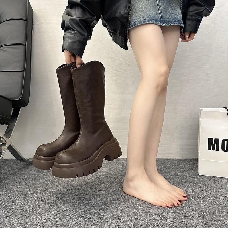 Thick heel thick sole boots women's 2025 spring and autumn new v-mouth thin but knee boots retro versatile knight boots