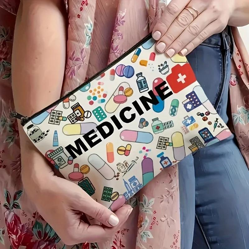Medicine-Themed Cosmetic Travel Bag - Foldable Lightweight Zippered Makeup Organizer with Pill & Syringe Design, Durable Fabric