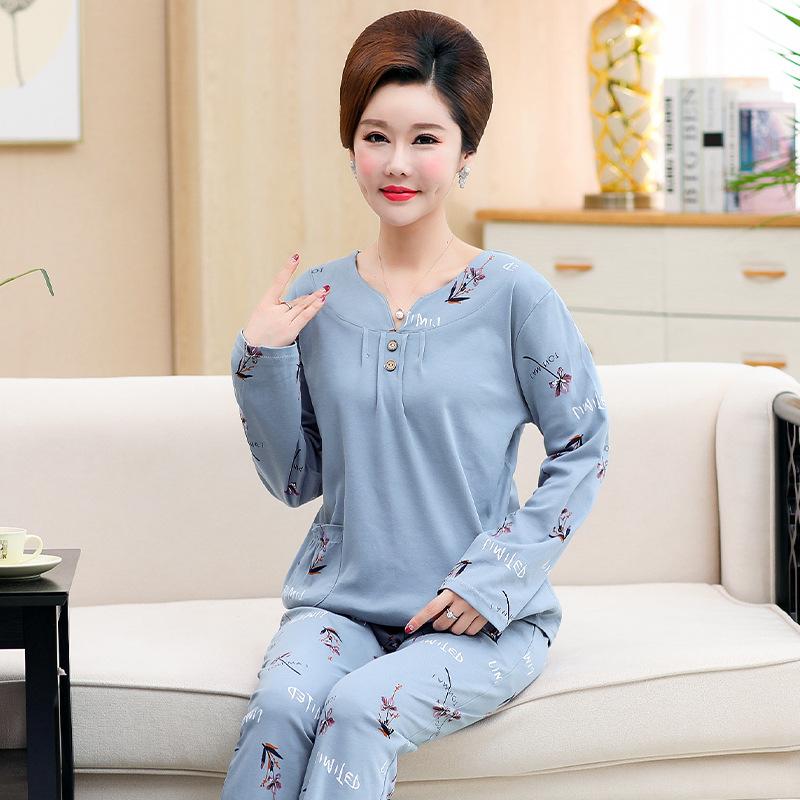 Spring Autumn Women's Pullover Pajamas Loose and Comfortable Middle-aged Cotton Long-sleeved Trousers Home Set