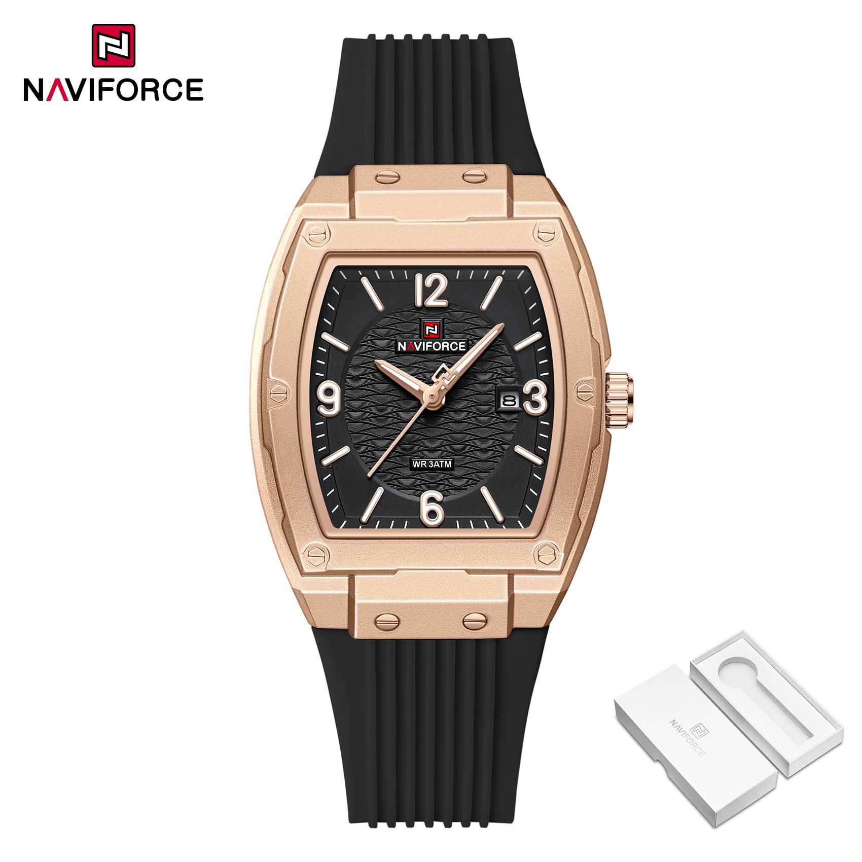 

NAVIFORCE Original Women Square Watch Silicone Strap 3ATM Waterproof Quartz Calendar Movement Luminous Pointer Lady Women Elegant Watch NF5070 рожевий колір золота/чорний