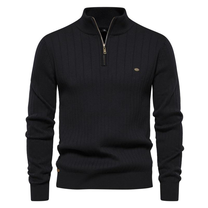 Men's Quarter Zip Up Sweater Cable Knit Sweater Mock Neck Polo Sweater for Men Warm Soft Casual Pullover Sweater with Ribbing Edge for Fall Winter