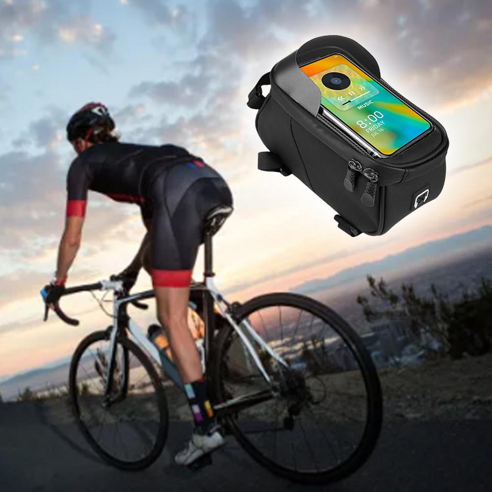 Bike Front Frame Bag Bike Phone Holder Bag Waterproof Bicycle Top Tube Bag Touch-Screen PU Bike Tube Bag Cycling Accessories