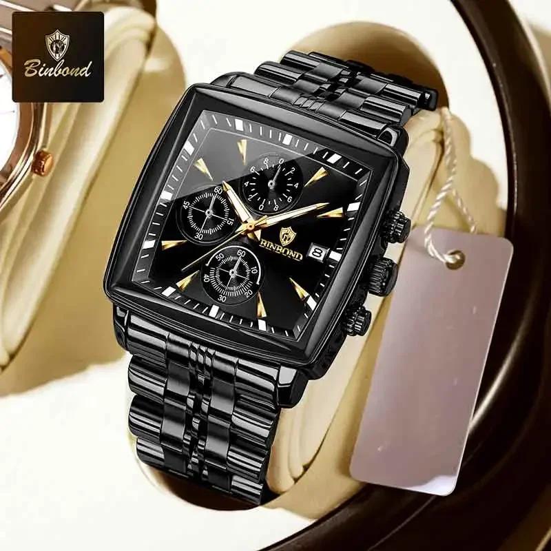 BINBOND Luxury Square Man Business Wristwatch Waterproof Luminous Chronograph Quartz Men Watches Stainless Steel Men Watch Reloj