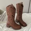 Embroidery v-mouth thick-soled thick-heeled western cowboy boots women's 2025 new retro round head hollow Martin boots high boots