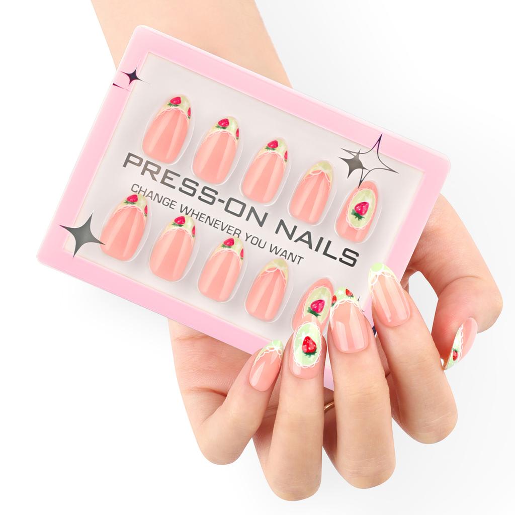 High sense 30 pieces, boxed French manicure nail pieces, short almond nail pieces, fresh strawberry nail pieces.