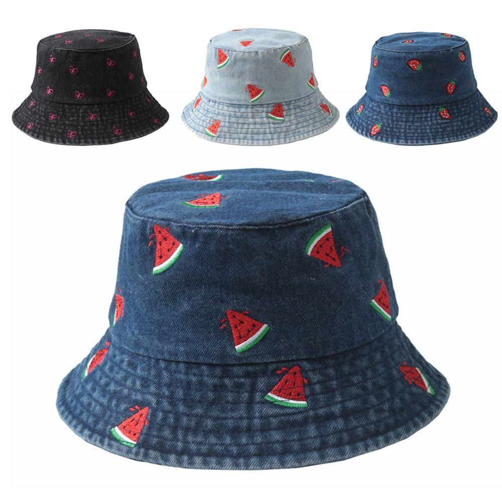Butterfly Pattern Denim Bucket Hat Wide Brim Sun Hat Breathable Beach Hat  Spring and Summer