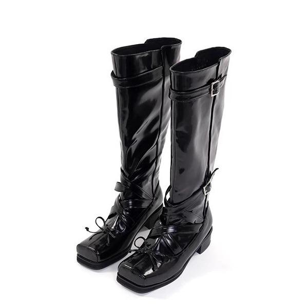 Cowhide version ballet style thick-soled boots women's leather bow square head thick-soled thick-heeled high boots knight boots