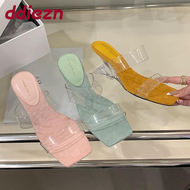 Fashion Fashion Transparent Heels Women Wedges Slippers Shoes Square Toe Ladies Heeled Sandals Slippers Shoes Female Slides Pumps