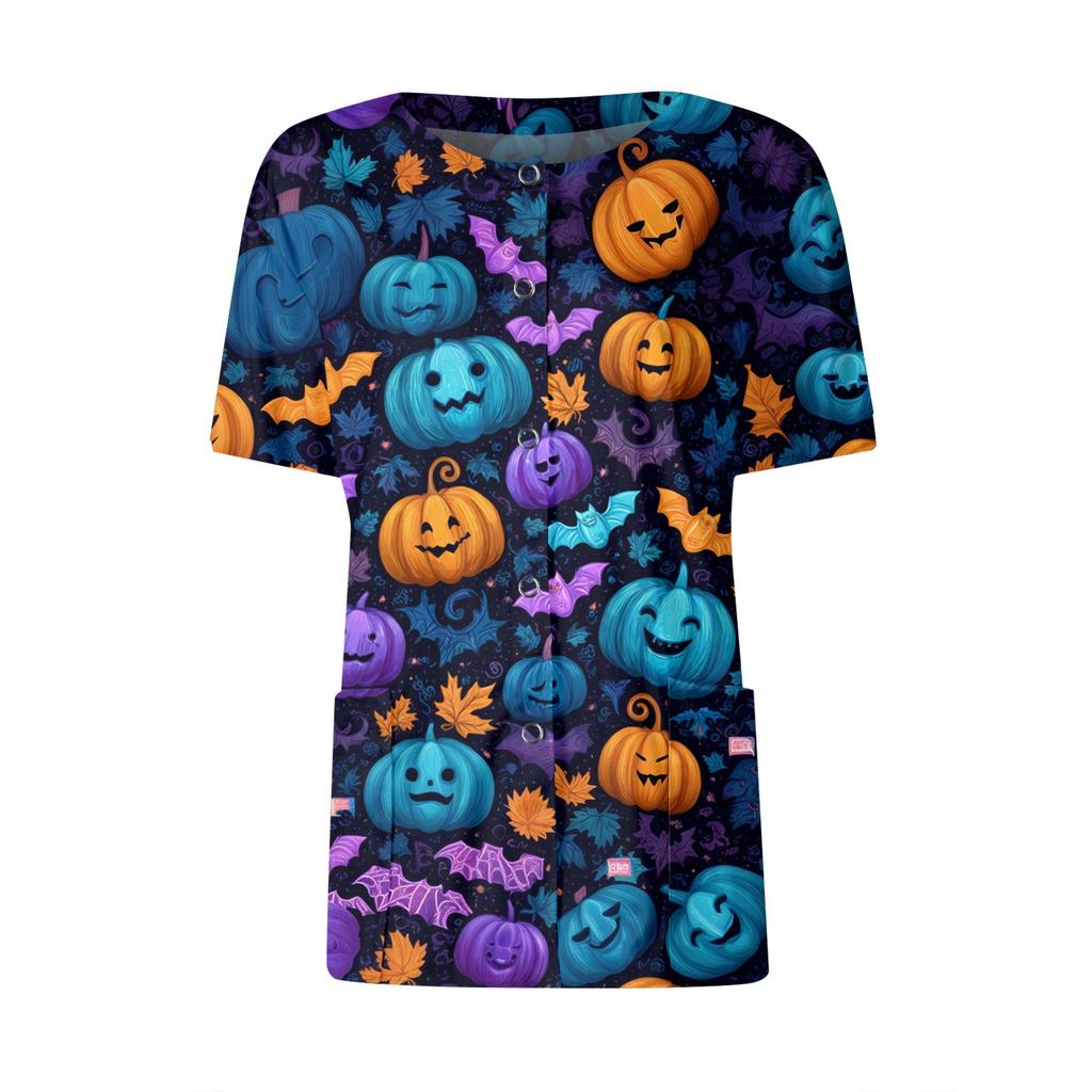Women's Short Sleeved Patterned Pockets, Work Print Stand Up Collar, Single Breasted Protective Clothing, Cardigan Jacket, Top