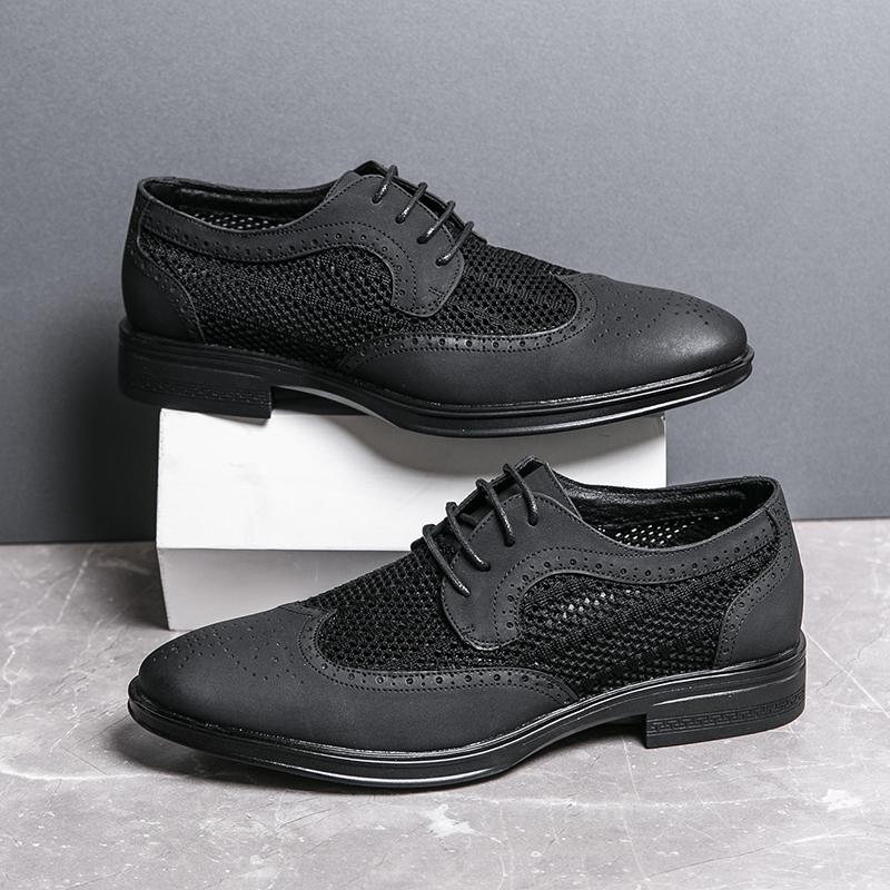 New Men's Fashion Breathable Air Mesh Patchwork Lace Up Oxford Leather Shoes Wedding Prom Homecoming Footwear Zapatos Hombre