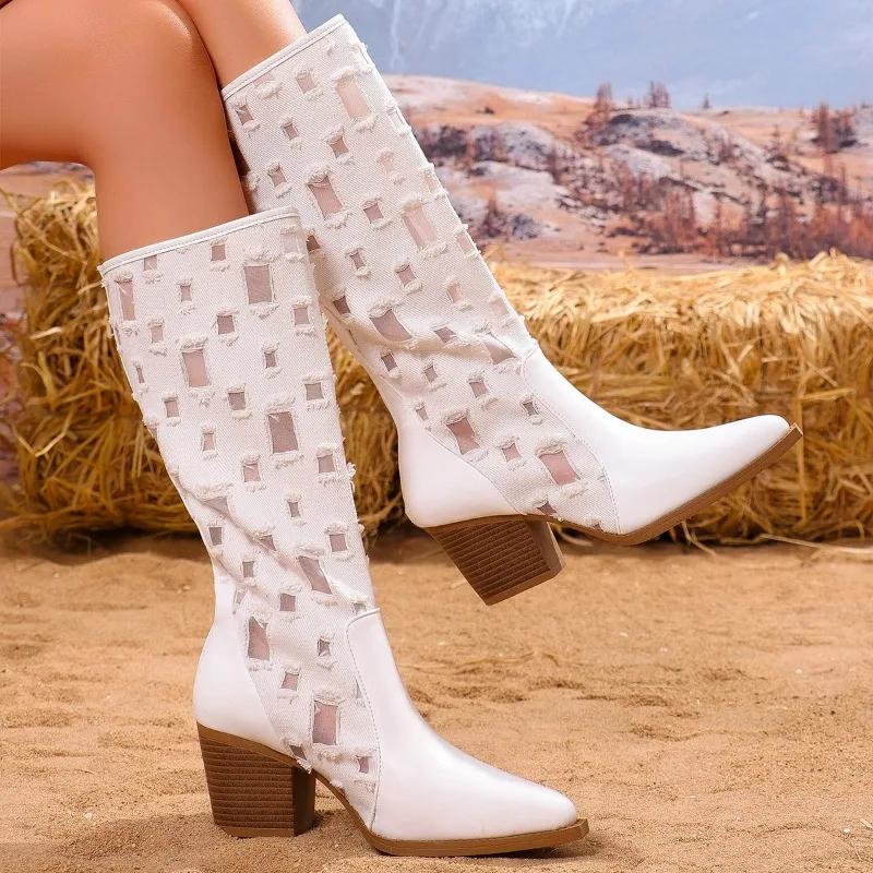 Pointed Toe Women High Heels Chelsea Knee High Boots Mesh Chunky Shoes Winter 2025 New Fashion Snow Boots Goth Pumps Botas Mujer