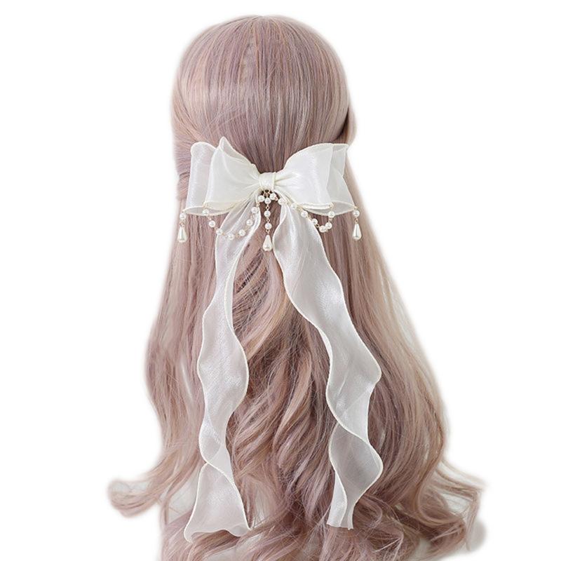 Girls Ruffles Lace Necklace with Pearl Chain Pendant Ribbon Bows Earrings Hair Clips Handmade Lolita Hair Ornaments