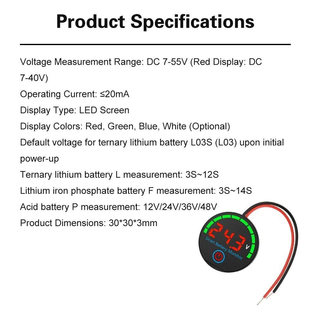 Round Smart Battery Monitor DC 7-55V Battery Tester Professional LED Battery Level Indicator