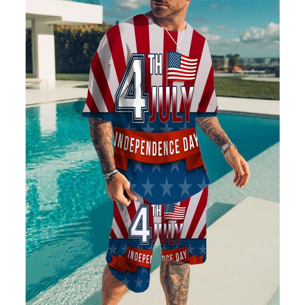 New Vintage Style Men's Beach Shorts Set 3D USA Flag Print Short Sleeve T-shirt+Shorts 2 Pcs Set Summer Oversized Tracksuit Suit