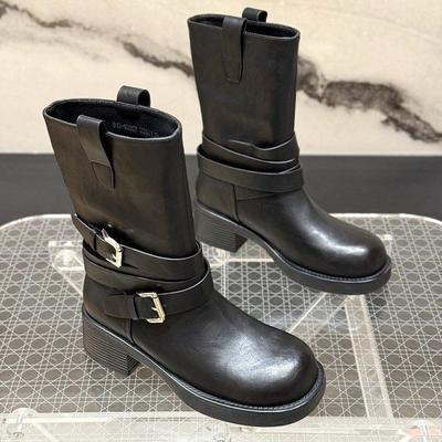 Rindsleder-Edition~ Retro Gürtelschnalle Mittelhohe Stiefel Western Cowboy Stiefel Skinny Dicksohlige Fried Street Stiefel Damen Ritterstiefel