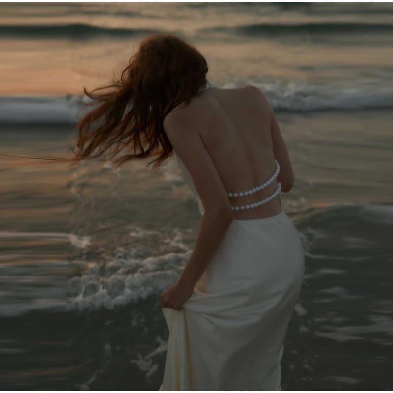 Women's Satin Sexy V-neck Temperament Halter Dress Summer New Slim Long Skirt Halter