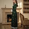 Autumn and winter retro court style velvet dress for women, lace splicing V-neck printed long dress, lantern sleeve waist
