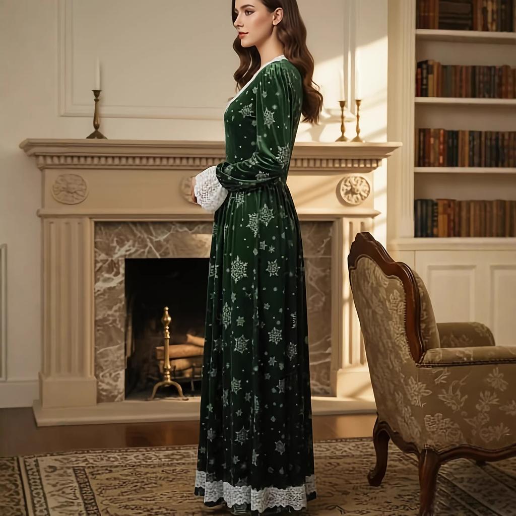 Autumn and winter retro court style velvet dress for women, lace splicing V-neck printed long dress, lantern sleeve waist