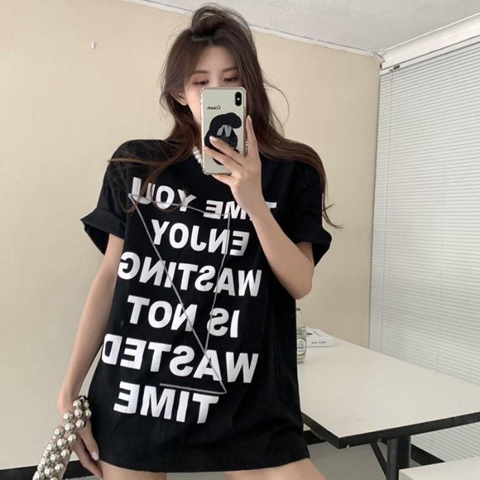 

Cotton printed black medium and long loose short-sleeved t-shirt women s summer Korean version lazy style casual top XXXL