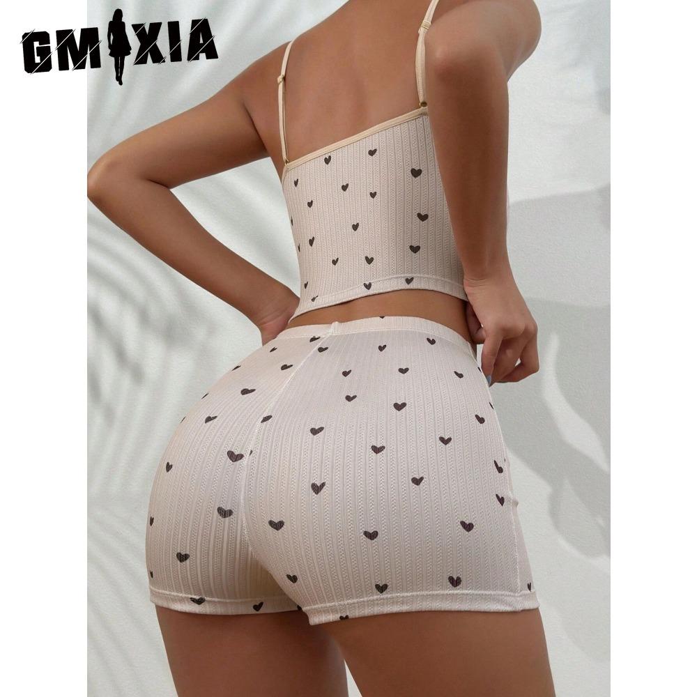 GMXIA Summer Homewear Heart-shaped Printing Bow Halter Home Leisure Suit Pajamas