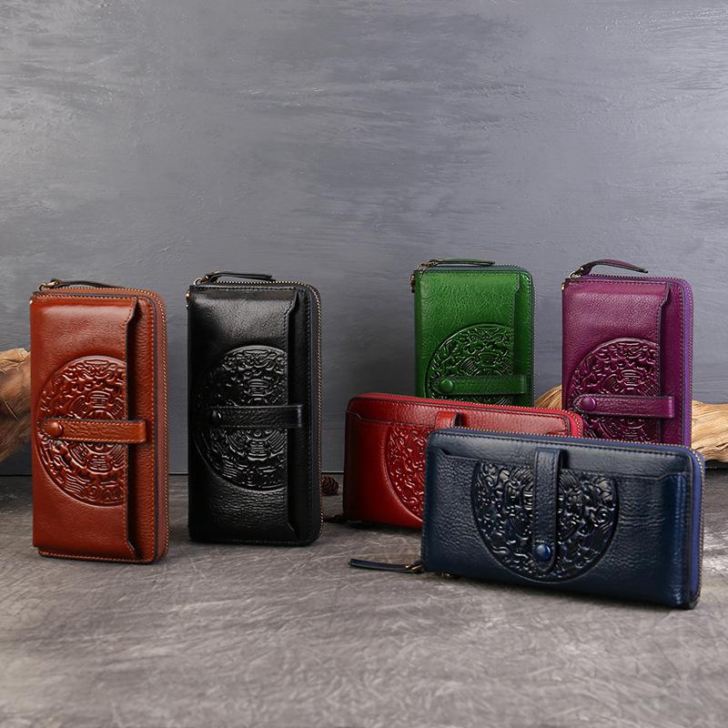 Women's Genuine Leather Wallet with Large Capacity and Multiple Card Slots - Retro Multi-functional Mobile Phone Bag