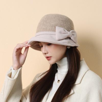 Podzimní a zimní klobouk Dámský vlněný, klobouk Bucket s mašlí Retro cylindr Zesílený termální klobouk Basin