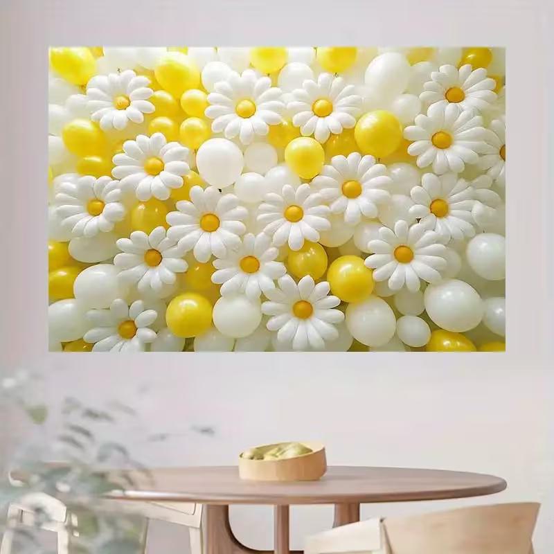 Lebendiger Gänseblümchen- und Ballon-Hintergrund, Florale Szene, Fotografie-Hintergrundtuch