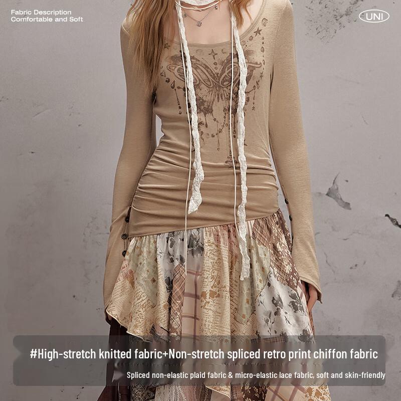 UNIFREE 2025 Fall Retro Print Patchwork Long Dress