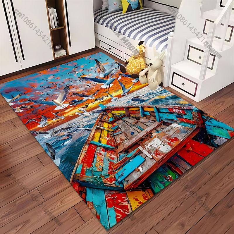 Vibrant boat seagulls sunset ocean carpet Yoga living room room decor children's crawling mat doormat area rug games mat