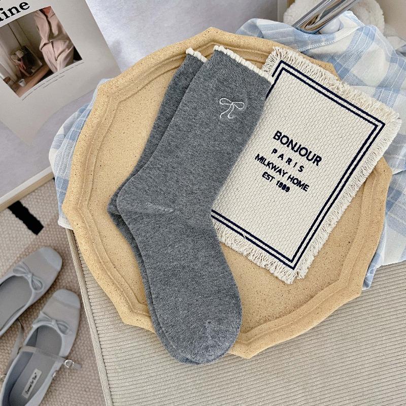 Silver Embroidered Bow-knotted Lace Stockings, Non-stretch Pile Stockings, Breathable Cotton Mid-calf Socks, Ballet-style Gray Socks, Children's Size