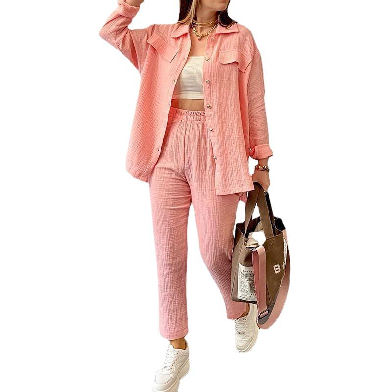 2024 Plus Size Women's Casual Crepe Loose Lapel Long Sleeve Shirt Set - European & American Style