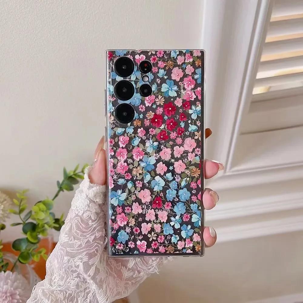 Süße handbemalte Handyhülle mit Blumen für Samsung S25 S24 S22 S21 FE Ultra Klare Silikonhüllen für Samsung Galaxy S23 Plus Ultra Hülle