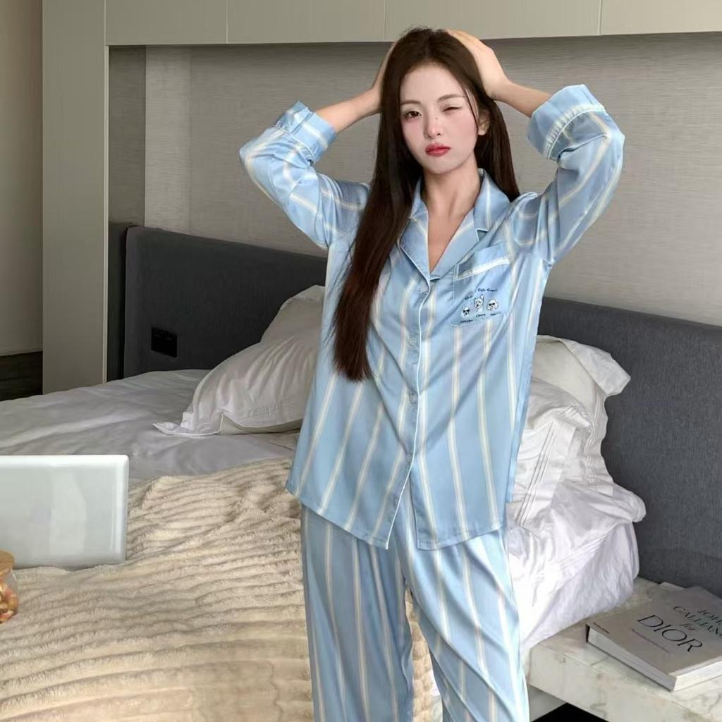 Long Korean Style Long-sleeved Ice Silk Pajamas Women's Simple Striped Pajamas Autumn and Winter Fashion Suit High-end Loungewear
