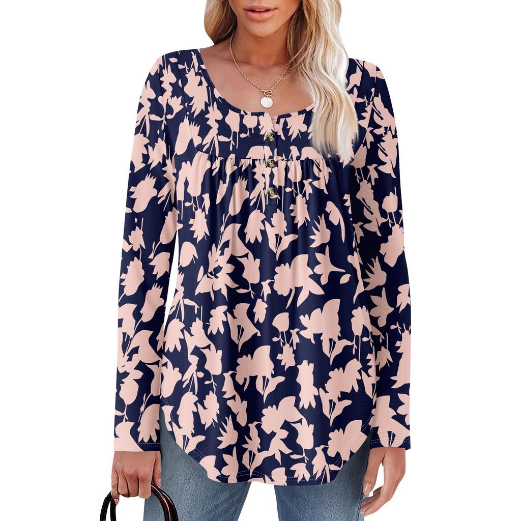 Women's Long Sleeve Tunic Loose Tops Casual Oversized Tops Pleated Tunic Button Down Casual Women's Print Tops