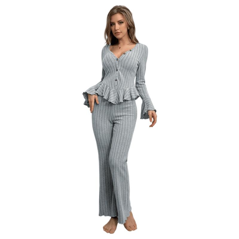 New 2-Piece Women's Spring Autumn Pure Color Elegant Women's Simple Long-Sleeved Pants Pajama Set Homewear Clothes