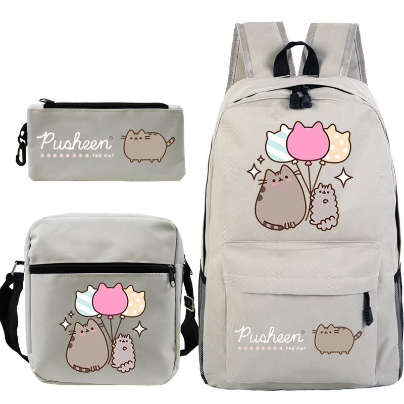Katze 3-teiliges Set Niedlicher Schulrucksack Schreibwaren Federmäppchen Lässige Umhängetasche für Kinder