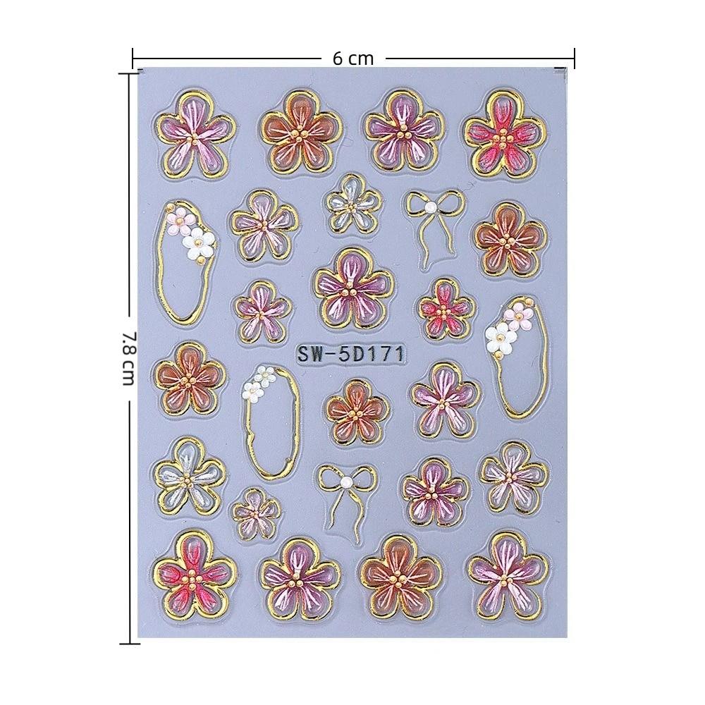 French Embossed Nail Stickers Waterproof White Pink Petals 3D Nail Art Decals Lily Petal Design Gold Line French