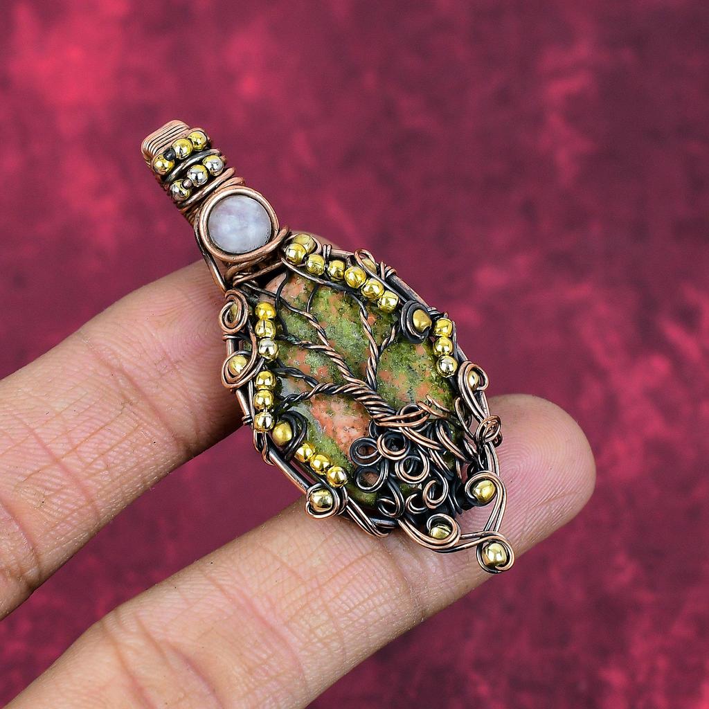 Tree of life unakite pendant copper wire wrapped rainbow moonstone pendant handmade gemstone pendant engagement gifts antique copper jewelry