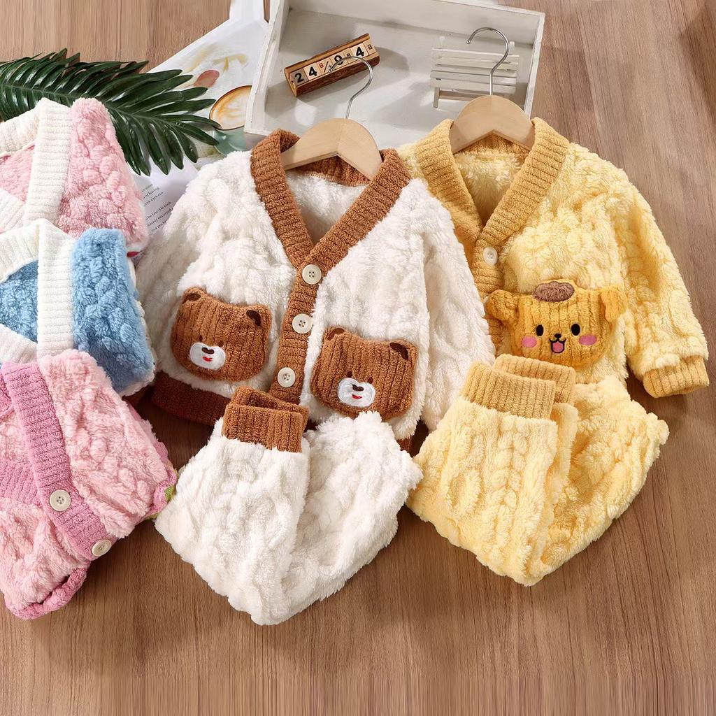 Verdicktes Korallenfleece Pyjama-Set Kinder Flanell Nachtwäsche Unisex Herbst Winter Warme Hauskleidung Weiches Plüsch Kinder Outfit