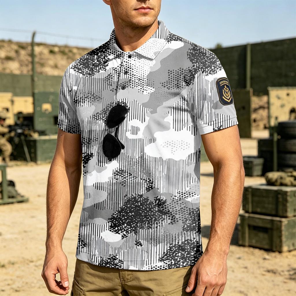 Men Tactical Polo Shirt with Hook and Loop Patch Short Sleeve Digital Print Turn Down Collar Loose Fit Outdoor Quick Dry Top