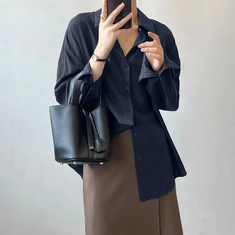 

ZANZEA Женская свободная повседневная блузка с отложным воротником и длинным рукавом 5XL темно-синий