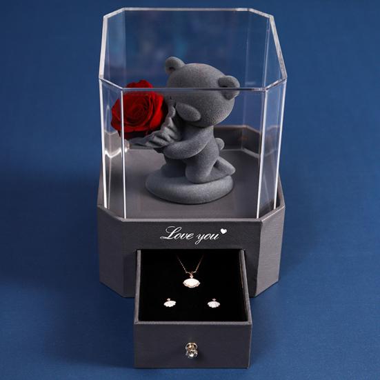 Flocking Bear Figurines with Preserved Rose Eternal Rose with Gift Box Romantic Gift for Girlfriend Wife Valentine's Day Anniversary Gift