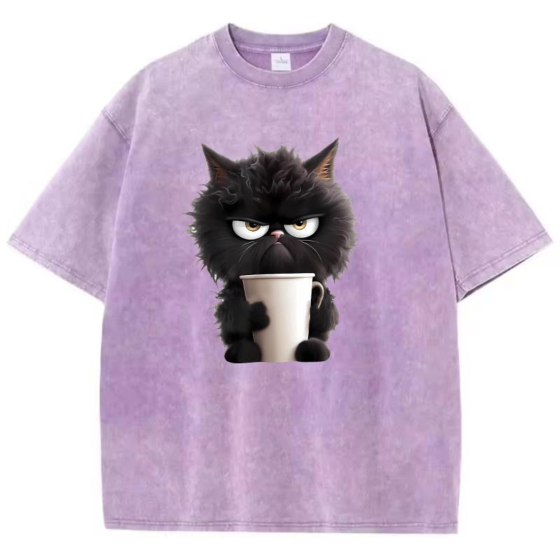T Shirt Vintage Coffee Cat Washed Cotton TShirt Graphic Tee Casual Streetwear Spring Summer