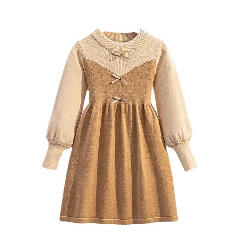 Dívčí svetrové šaty princeznovského střihu v kolejním stylu s dlouhým rukávem na podzim a zimu