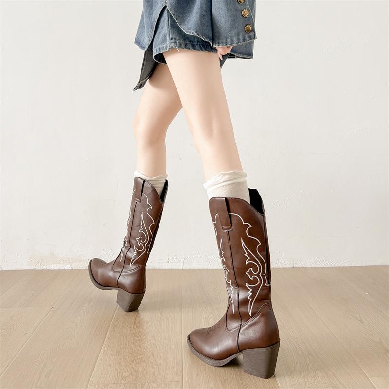 Brown retro embroidered pointed high-heeled western cowboy boots women's summer 2025 new versatile heightening knight boots