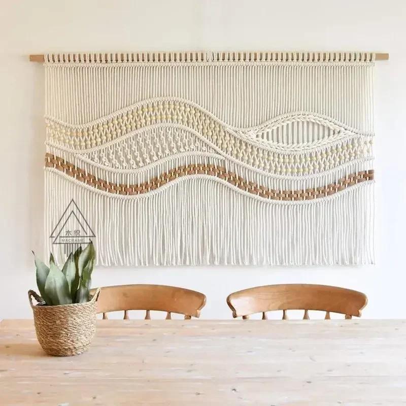 Living Room Sofa Bedside Decorative Tapestry Handwoven Wooden Bead Wave Wall Decoration Room Partition Blocking Door Curtain